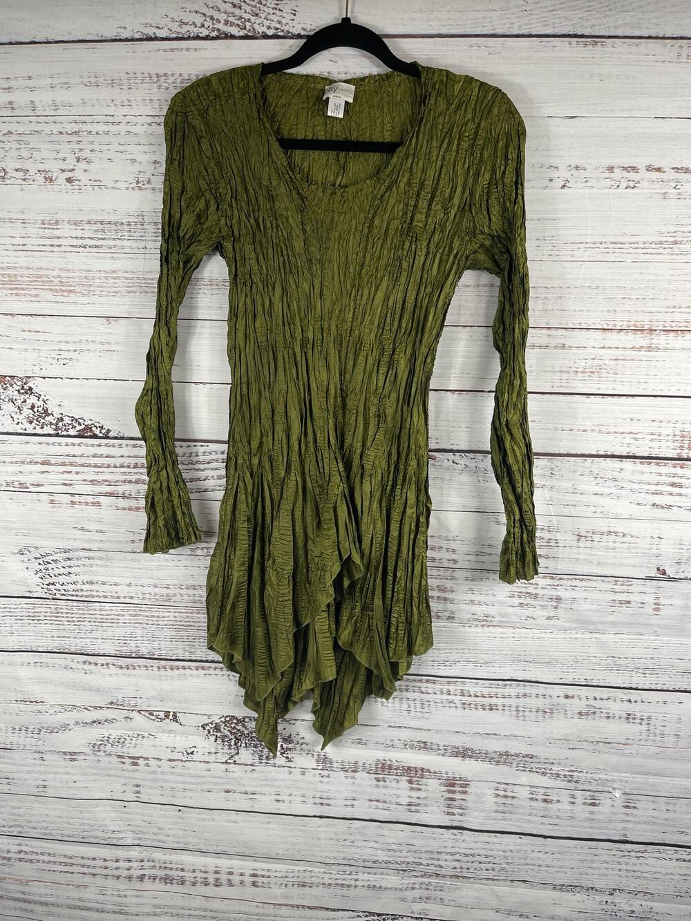 Ray Harris Dress Women's SZ S Green Crinkle Pleated Asym Long-Sleeve Boho London
